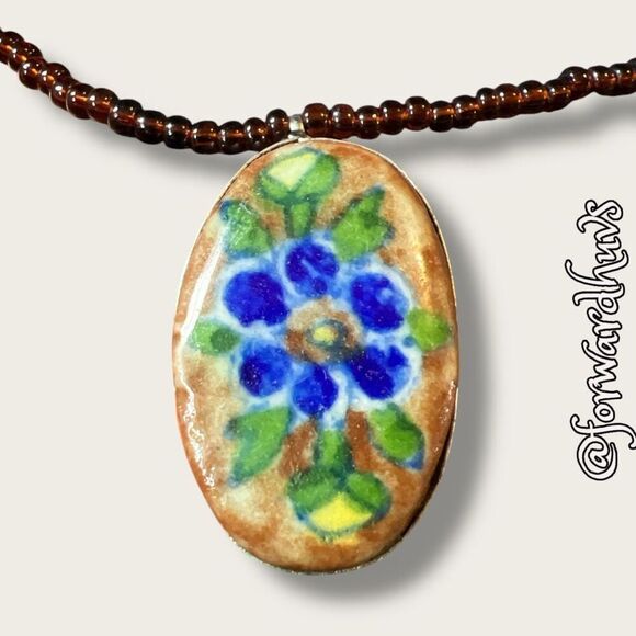 Hand Painted Pendant Necklace with Seed Bead Chain - Picture 3 of 12